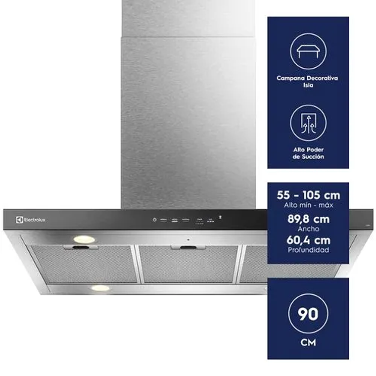 CAMPANA COCINA EXTRACTORA ELECTROLUX DECORATIVA ISLA 90CM TIMER Y PANEL TOUCH CE9IF INOX 3