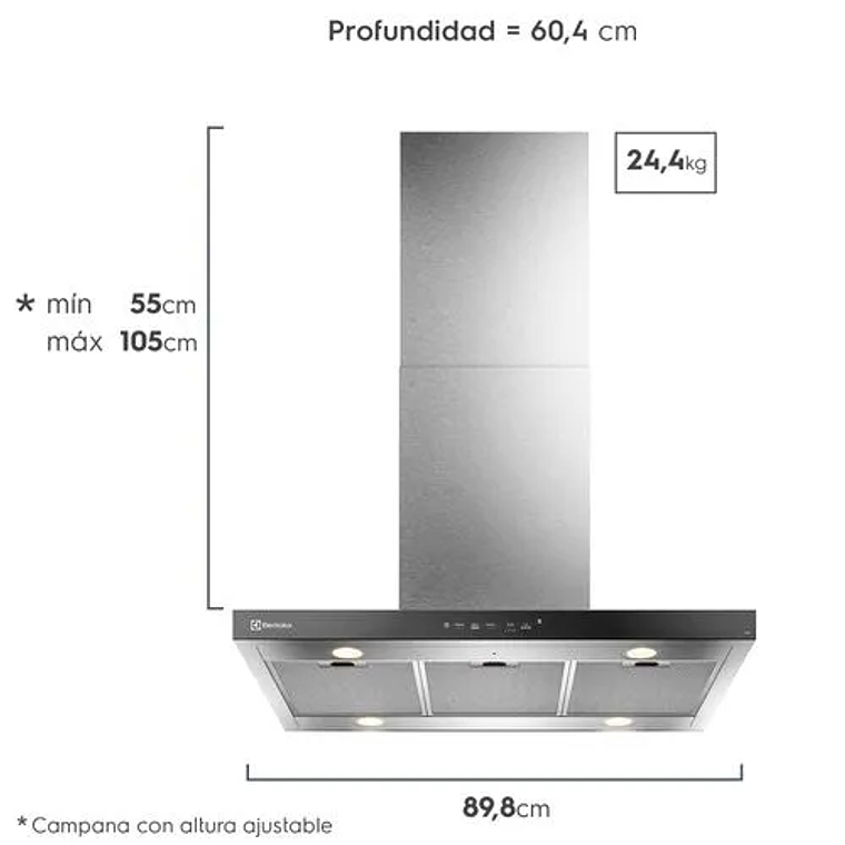 CAMPANA COCINA EXTRACTORA ELECTROLUX DECORATIVA ISLA 90CM TIMER Y PANEL TOUCH CE9IF INOX 4