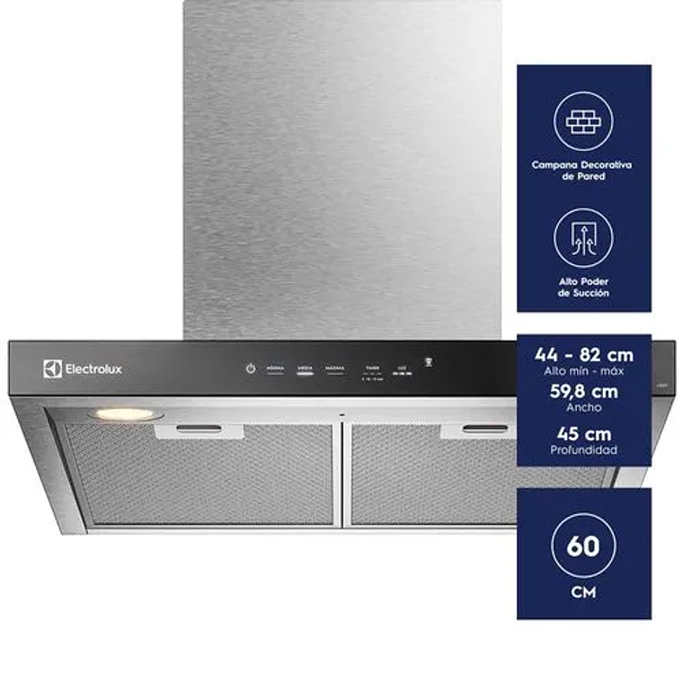 CAMPANA COCINA EXTRACTORA ELECTROLUX DECORATIVA PARED 60CM TIMER Y PANEL TOUCH CE6TF INOX 5