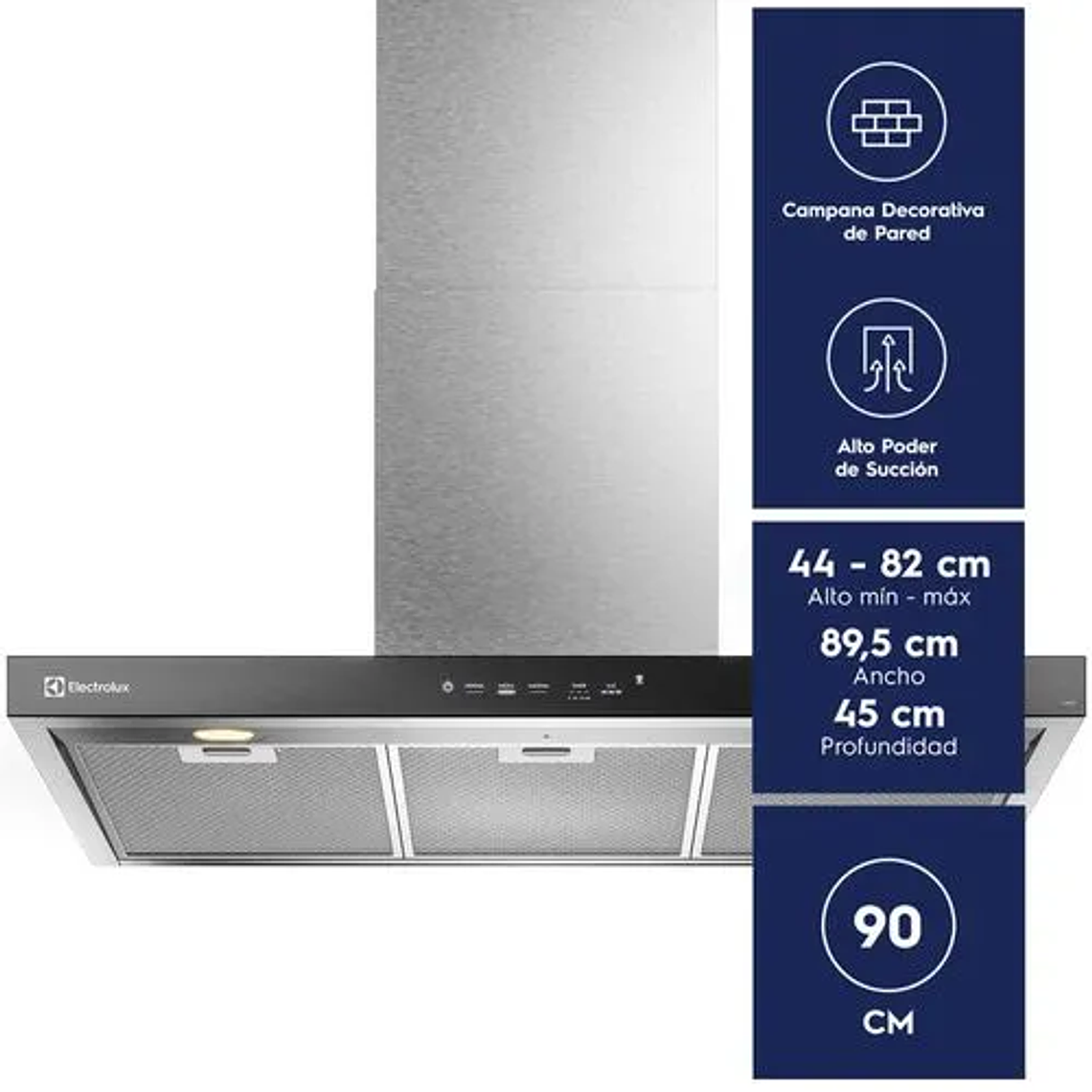 CAMPANA COCINA EXTRACTORA ELECTROLUX DECORATIVA PARED 90CM TIMER Y PANEL TOUCH CE9TF INOX 4
