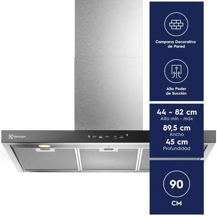 CAMPANA COCINA EXTRACTORA ELECTROLUX DECORATIVA PARED 90CM TIMER Y PANEL TOUCH CE9TF INOX 4