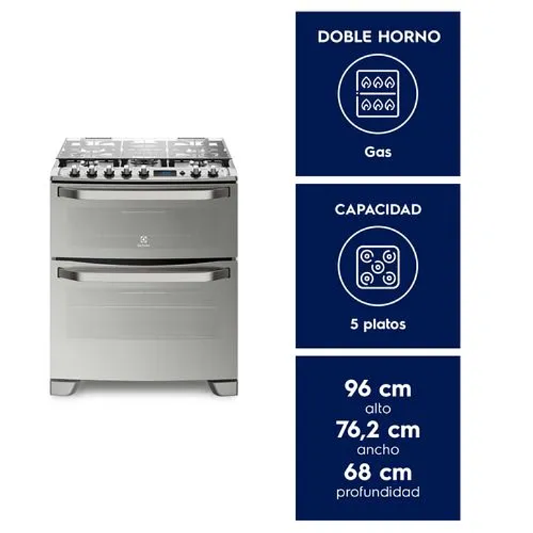 COCINA A GAS 5 PLATOS ELECTROLUX EXPERIENCE DOBLE HORNO Y TIMER DIGITAL 76DXA INOX 2
