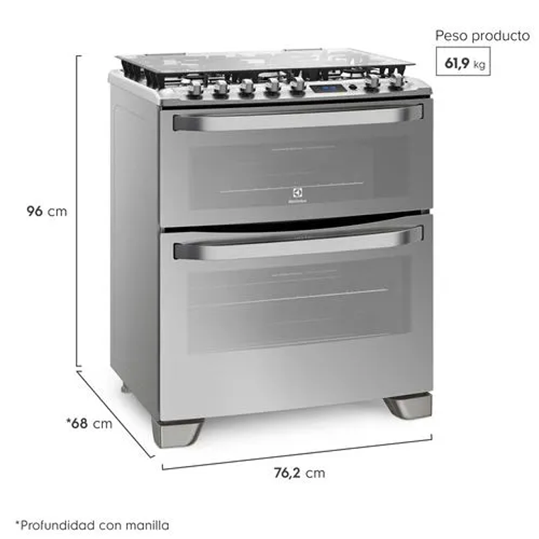 COCINA A GAS 5 PLATOS ELECTROLUX EXPERIENCE DOBLE HORNO Y TIMER DIGITAL 76DXA INOX 5