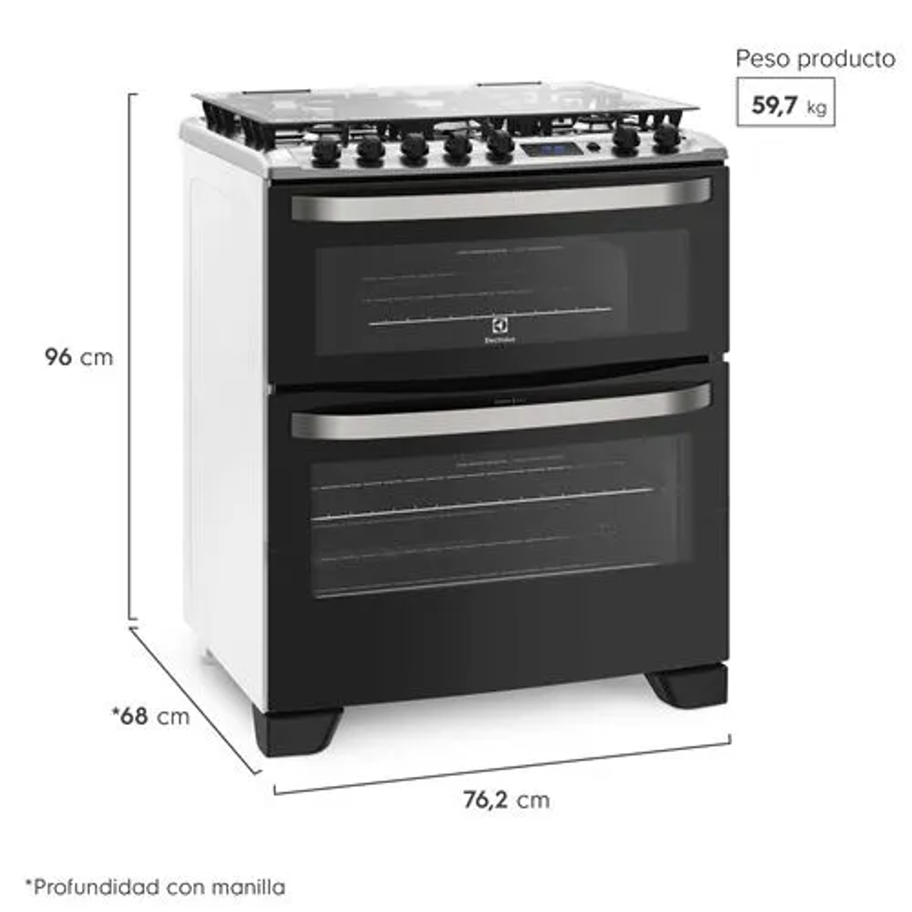 COCINA A GAS 5 PLATOS ELECTROLUX EXPERIENCE DOBLE HORNO Y TIMER DIGITAL 76DBA NEGRA