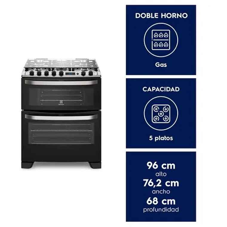 COCINA A GAS 5 PLATOS ELECTROLUX EXPERIENCE DOBLE HORNO Y TIMER DIGITAL 76DBA NEGRA 3