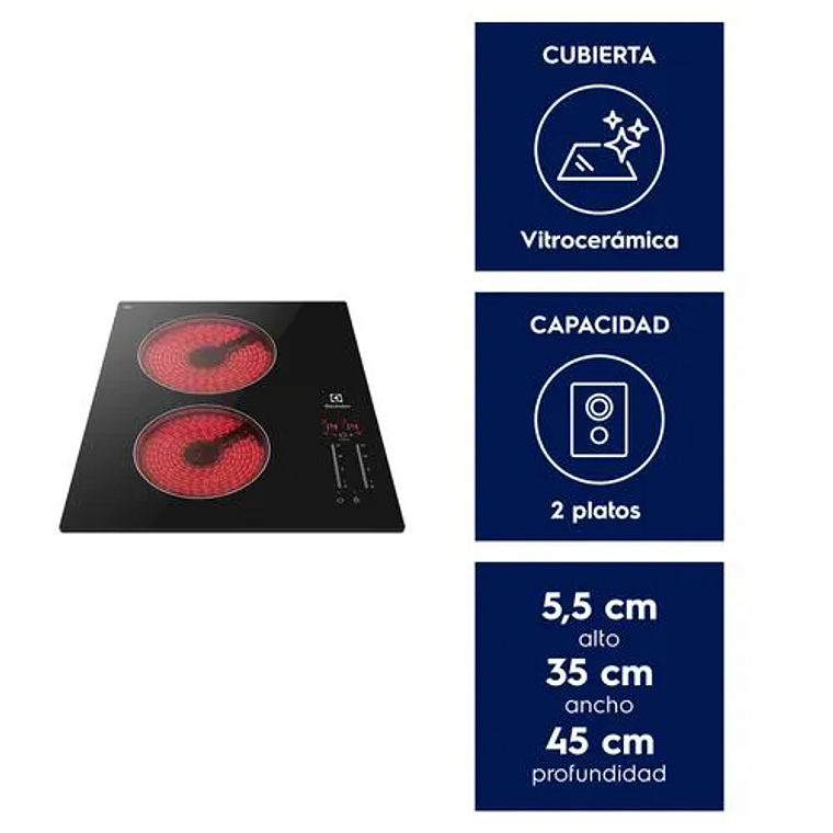 ENCIMERA ELÉCTRICA 2 PLATOS ELECTROLUX EFFICIENT CUBIERTA VITROCERÁMICA Y PANEL TOUCH VE3ST 3