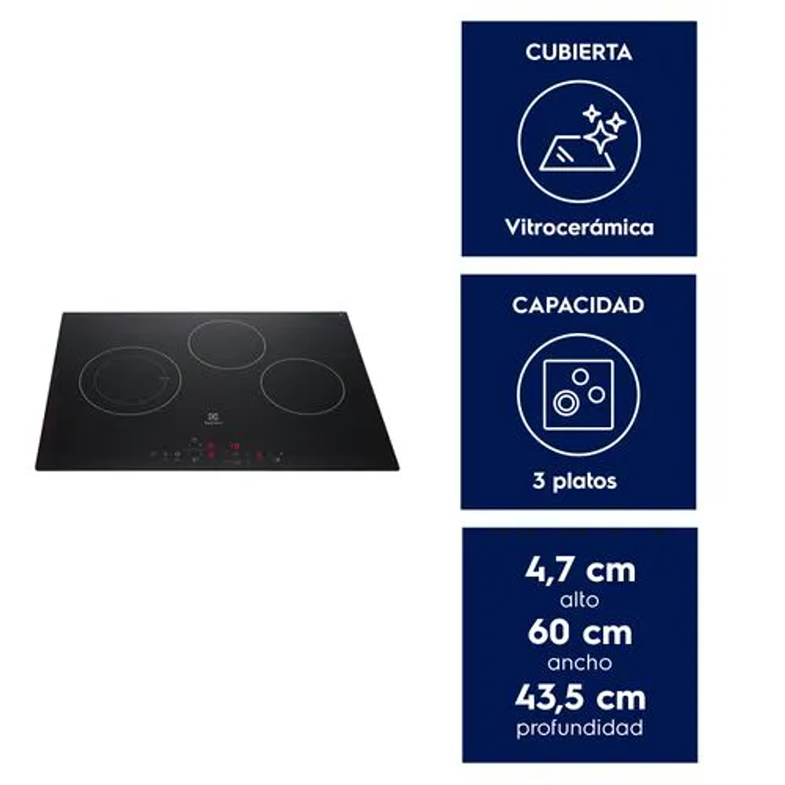 ENCIMERA ELÉCTRICA 3 PLATOS ELECTROLUX EFFICIENT CUBIERTA VITROCERÁMICA Y PANEL TOUCH VE6DT 2