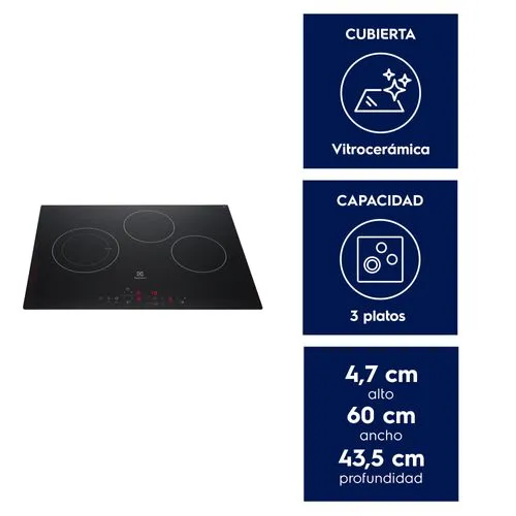 ENCIMERA ELÉCTRICA 3 PLATOS ELECTROLUX EFFICIENT CUBIERTA VITROCERÁMICA Y PANEL TOUCH VE6DT