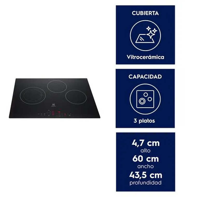ENCIMERA ELÉCTRICA 3 PLATOS ELECTROLUX EFFICIENT CUBIERTA VITROCERÁMICA Y PANEL TOUCH VE6DT 2