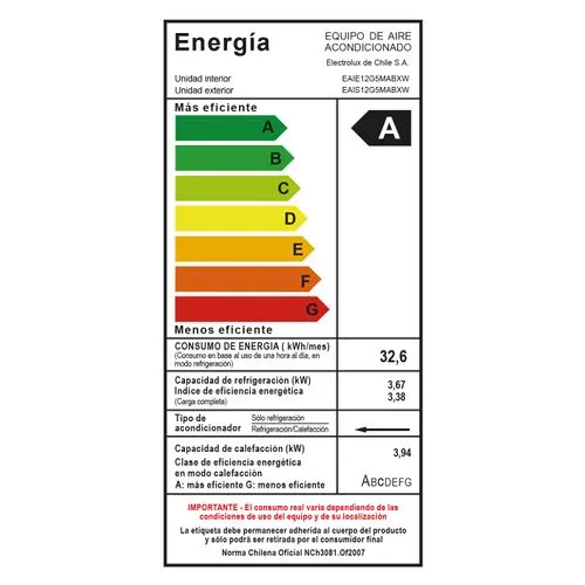 AIRE ACONDICIONADO ELECTROLUX INVERTER 12.000 BTUS FRÍO/CALOR EFFICIENT AUTO RESTART 13