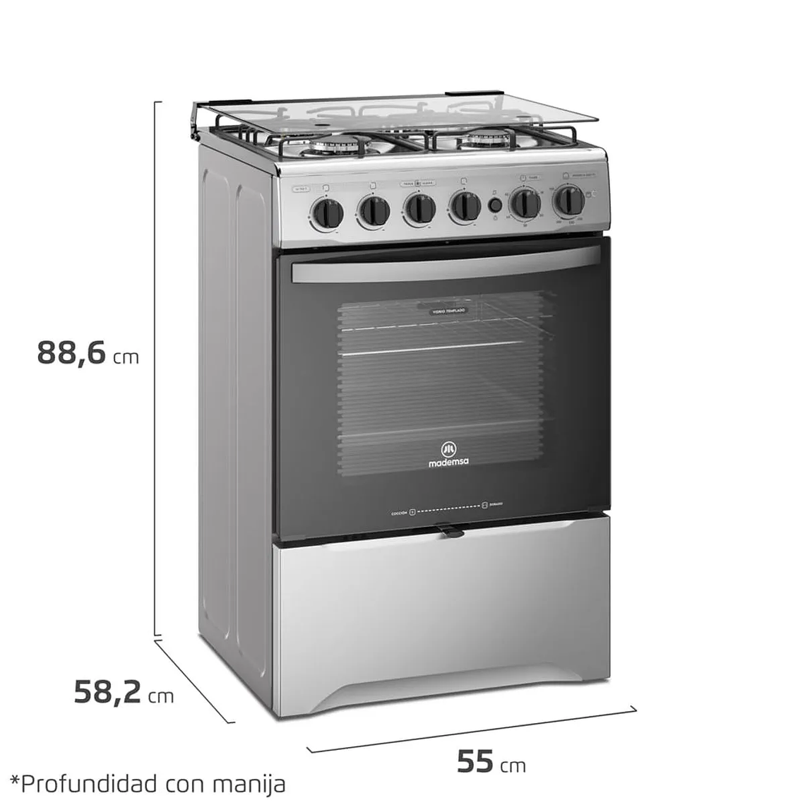 COCINA A GAS 4 PLATOS MADEMSA CON TRIPLE LLAMA Y GRILL ELÉCTRICO M 795 T INOX 6