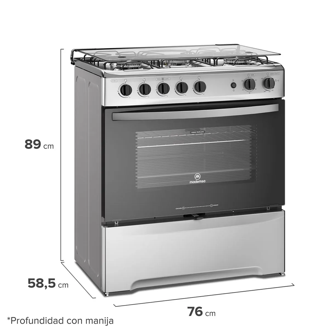 COCINA A GAS 5 PLATOS MADEMSA CON TRIPLE LLAMA Y GRILL ELÉCTRICO M 920 T INOX 2