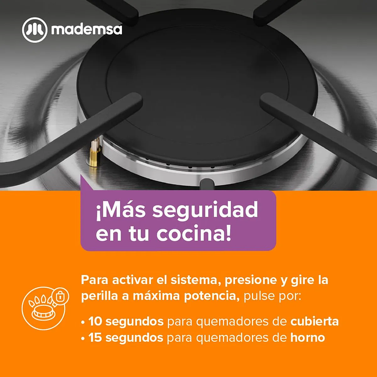 COCINA A GAS 4 PLATOS MADEMSA CON LIMPIAFÁCIL Y TIMER M 775 ST INOX 8