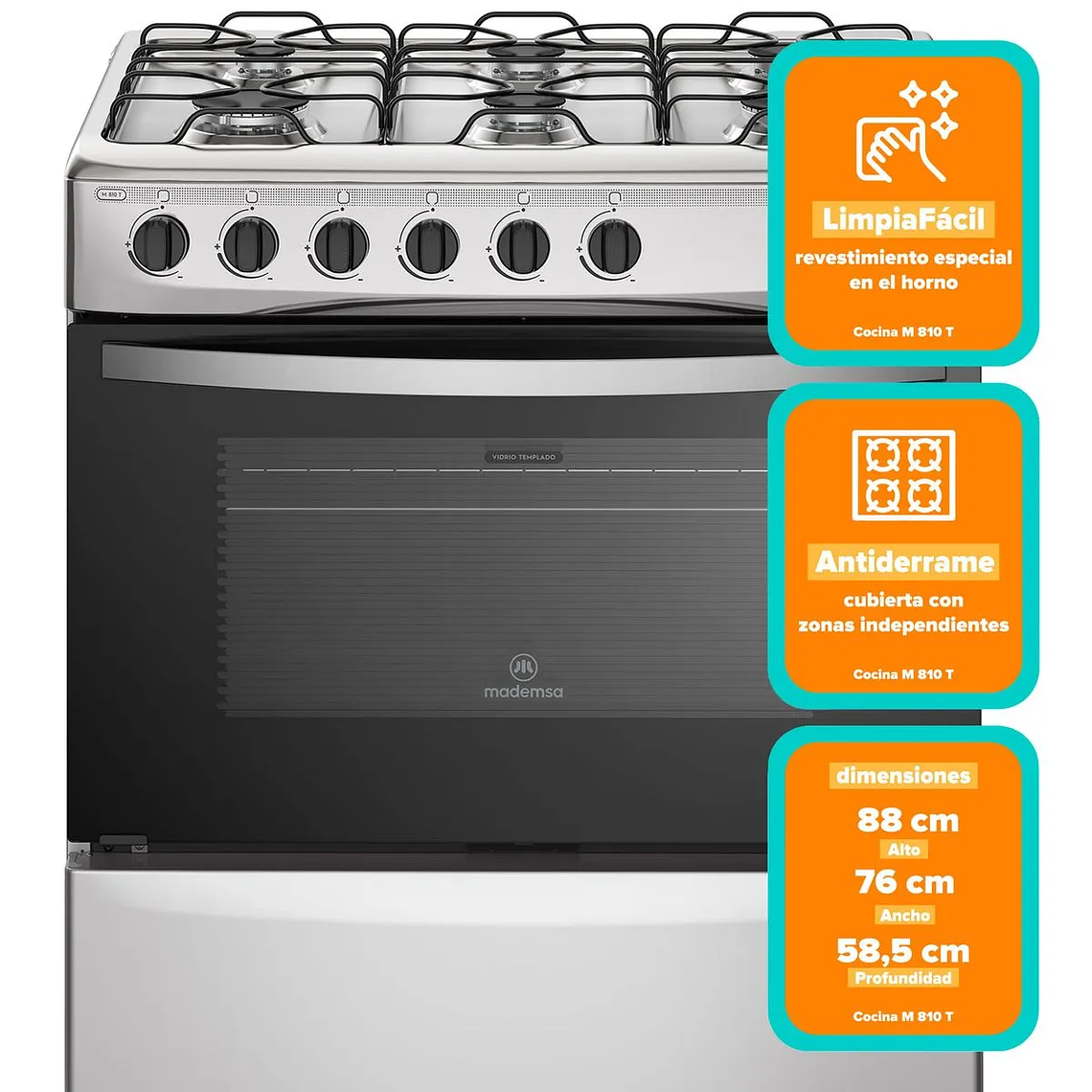 COCINA A GAS 6 PLATOS MADEMSA CON LIMPIAFÁCIL Y PARRILLAS DE ALAMBRÓN M 810 T INOX 2