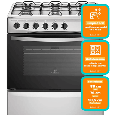 COCINA A GAS 6 PLATOS MADEMSA CON LIMPIAFÁCIL Y PARRILLAS DE ALAMBRÓN M 810 T INOX