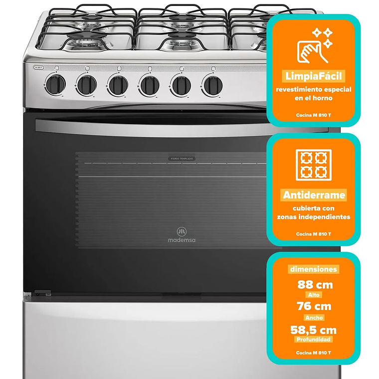 COCINA A GAS 6 PLATOS MADEMSA CON LIMPIAFÁCIL Y PARRILLAS DE ALAMBRÓN M 810 T INOX 2