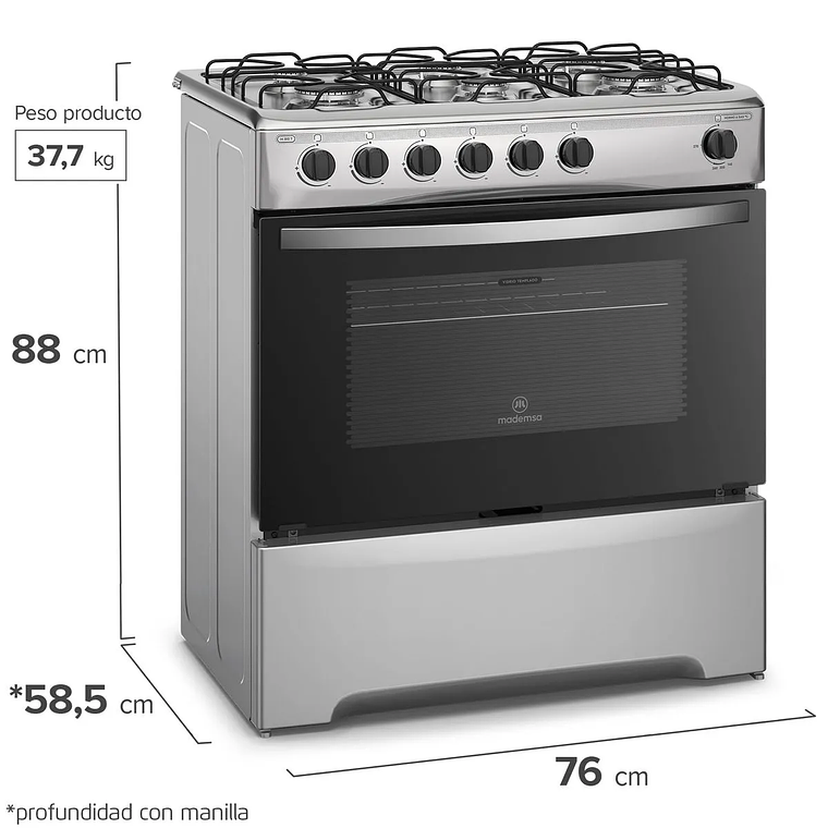 COCINA A GAS 6 PLATOS MADEMSA CON LIMPIAFÁCIL Y PARRILLAS DE ALAMBRÓN M 810 T INOX 6