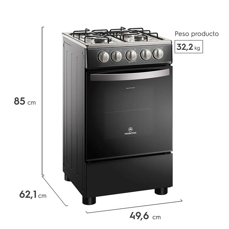 COCINA A GAS 4 PLATOS MADEMSA LIMPIAFÁCIL Y PARRILLAS DE ALAMBRÓN FM4IP NEGRA 4