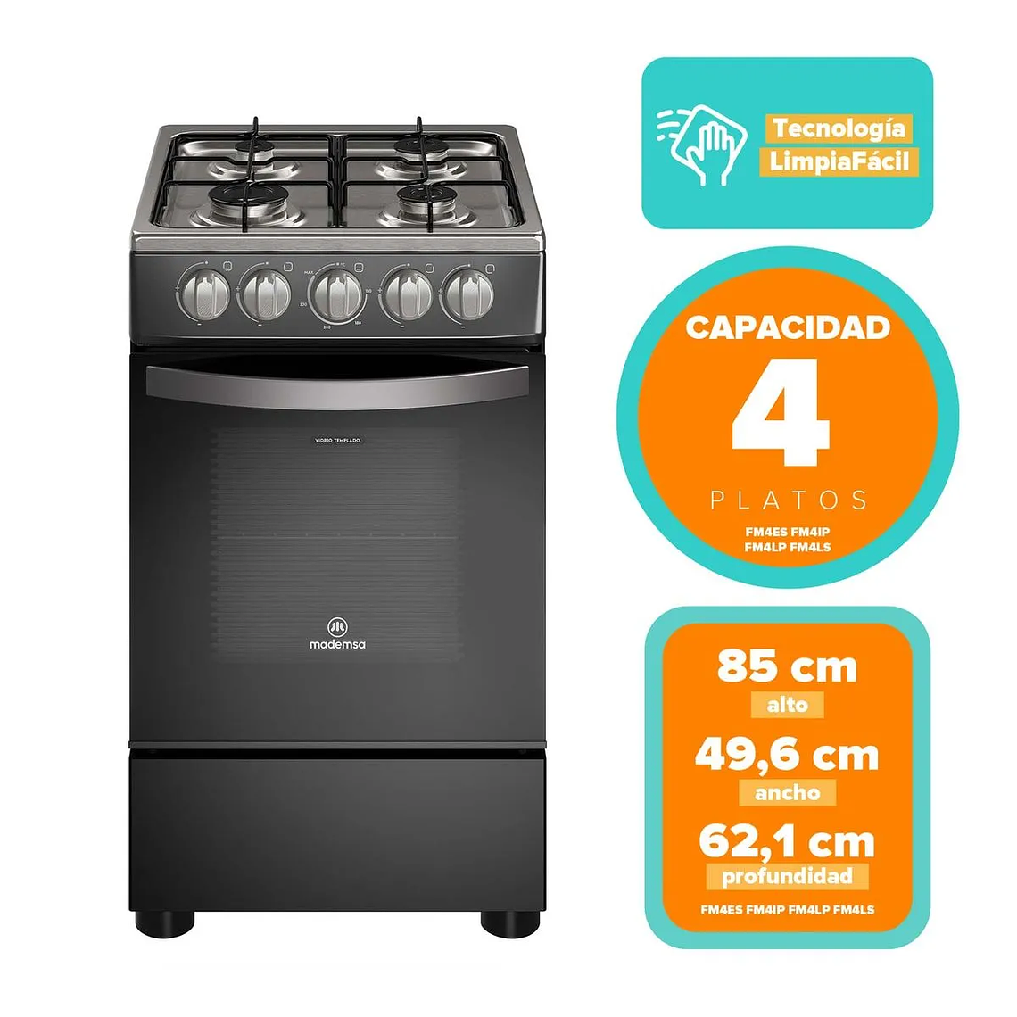 COCINA A GAS 4 PLATOS MADEMSA LIMPIAFÁCIL Y PARRILLAS DE ALAMBRÓN FM4IP NEGRA 3