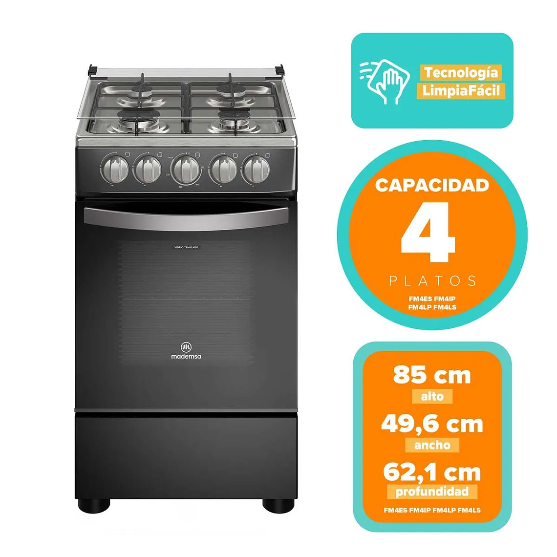COCINA A GAS 4 PLATOS MADEMSA LIMPIAFÁCIL Y TAPA CUBIERTA VIDRIO FM4LP NEGRA 3
