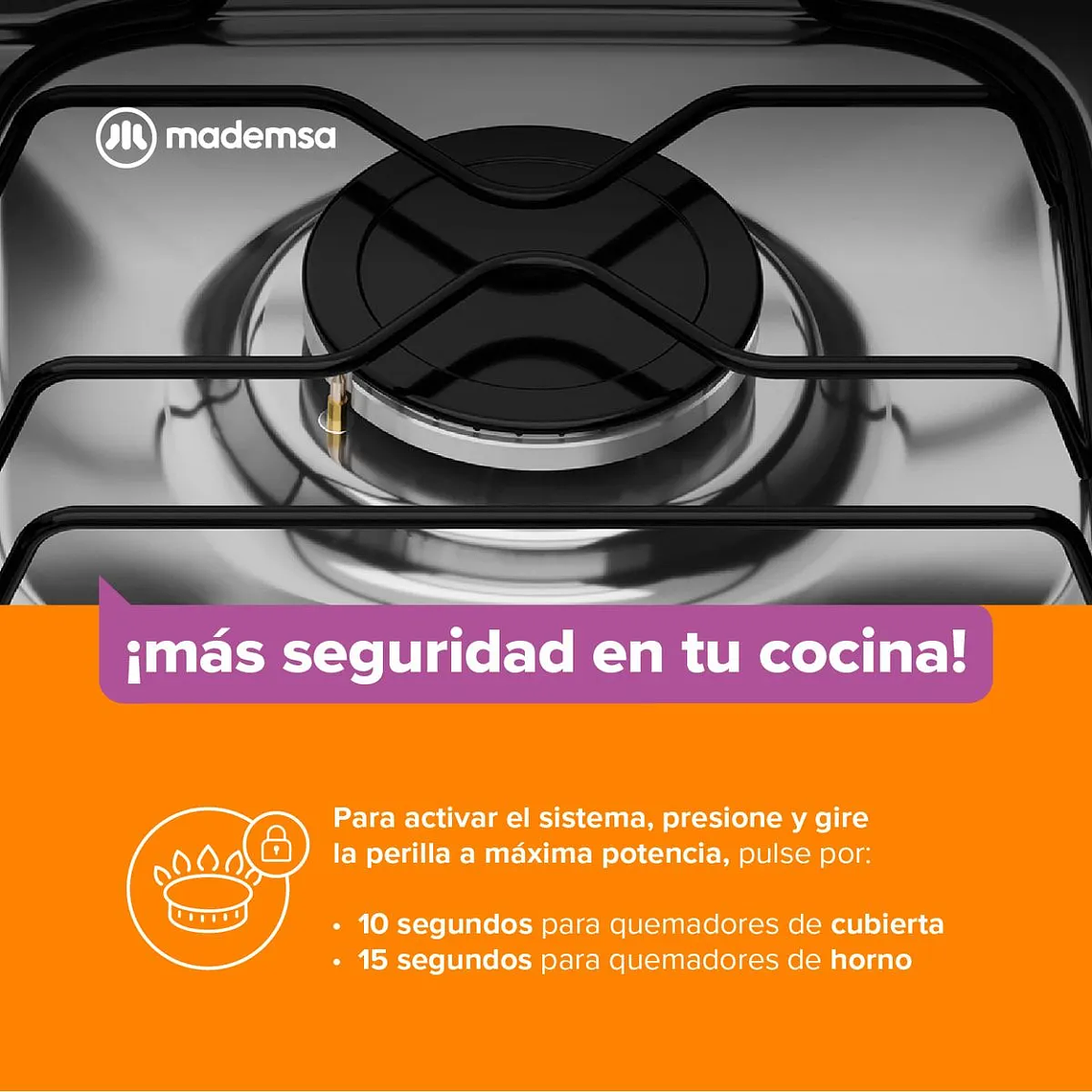 COCINA A GAS 4 PLATOS MADEMSA LIMPIAFÁCIL Y TAPA CUBIERTA VIDRIO FM4LP NEGRA 10