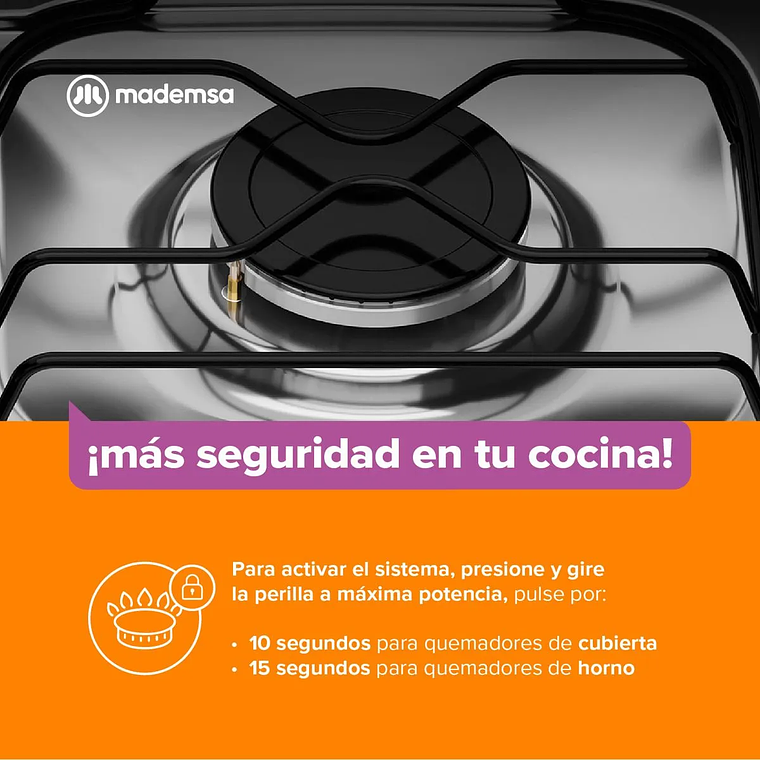 COCINA A GAS 4 PLATOS MADEMSA LIMPIAFÁCIL Y TAPA CUBIERTA VIDRIO FM4LP NEGRA 10