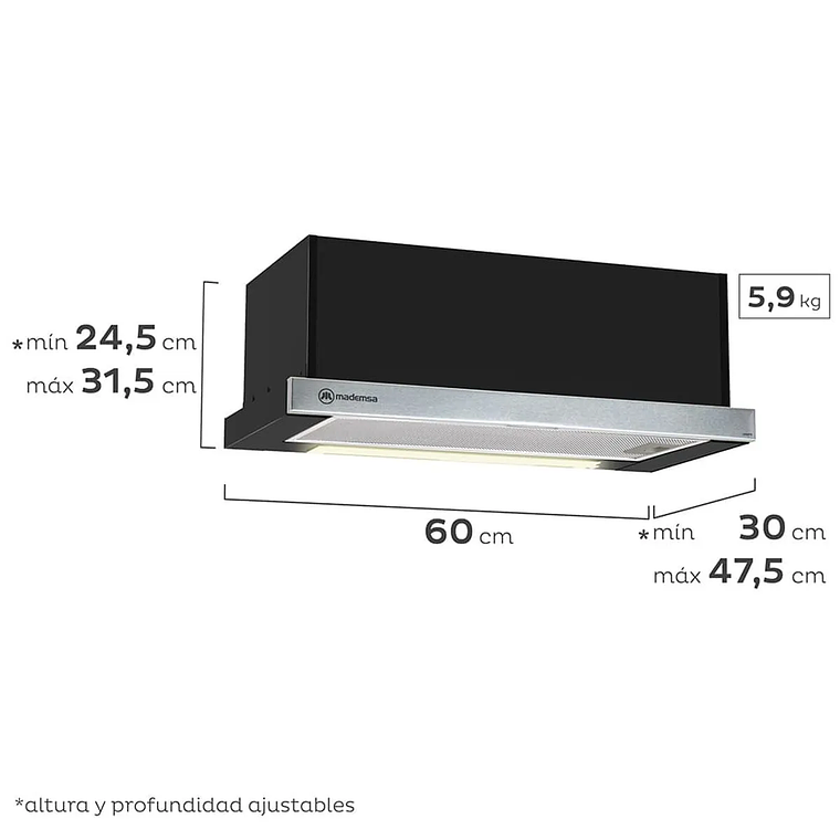 CAMPANA DE COCINA EXTRACTORA MADEMSA RETRÁCTIL 60CM EMPOTRABLE MX 6270 NEGRA 4