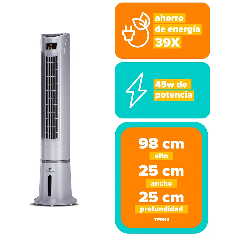 ENFRIADOR DE AIRE DE TORRE MADEMSA 45W CONTROL REMOTO Y SILENCIOSO TFM10 GRIS 2
