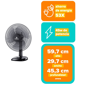 VENTILADOR SOBREMESA MADEMSA 40W 3 VELOCIDADES Y SILENCIOSO 40,6 CM DFM16 NEGRO