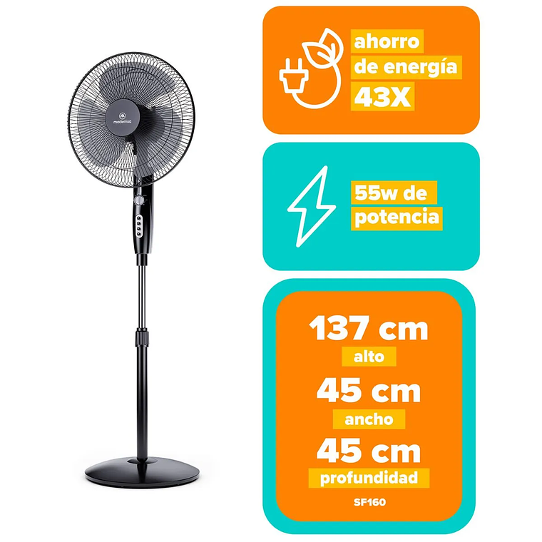 VENTILADOR PEDESTAL MADEMSA 55W TIMER Y ALTURA REGULABLE 40,6CM SF160 NEGRO 2