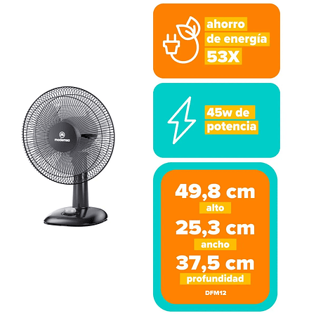 VENTILADOR SOBREMESA MADEMSA 45W 3 VELOCIDADES Y SILENCIOSO 30,5CM DFM12 NEGRO