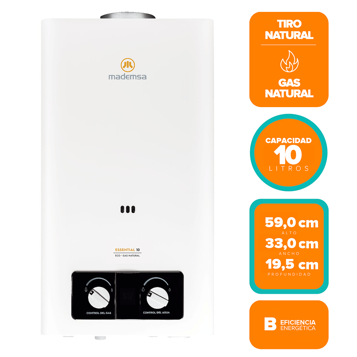 CALEFONT GAS NATURAL MADEMSA 10 LITROS TIRO NATURAL IONIZADO ESSENTIAL 10 ECO GN BLANCO 2