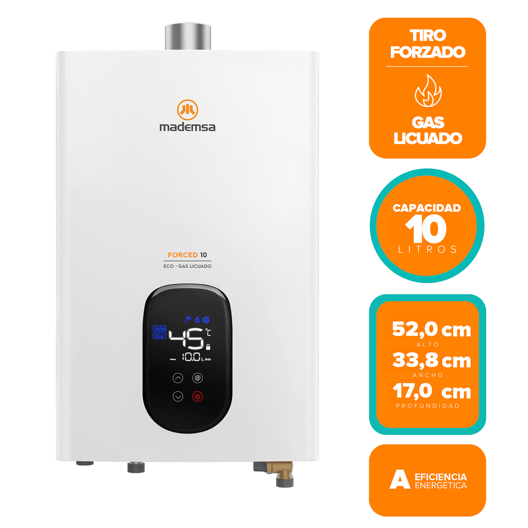 CALEFONT GAS LICUADO MADEMSA 10 LITROS TIRO FORZADO MODULANTE FORCED 10 ECO GL BLANCO