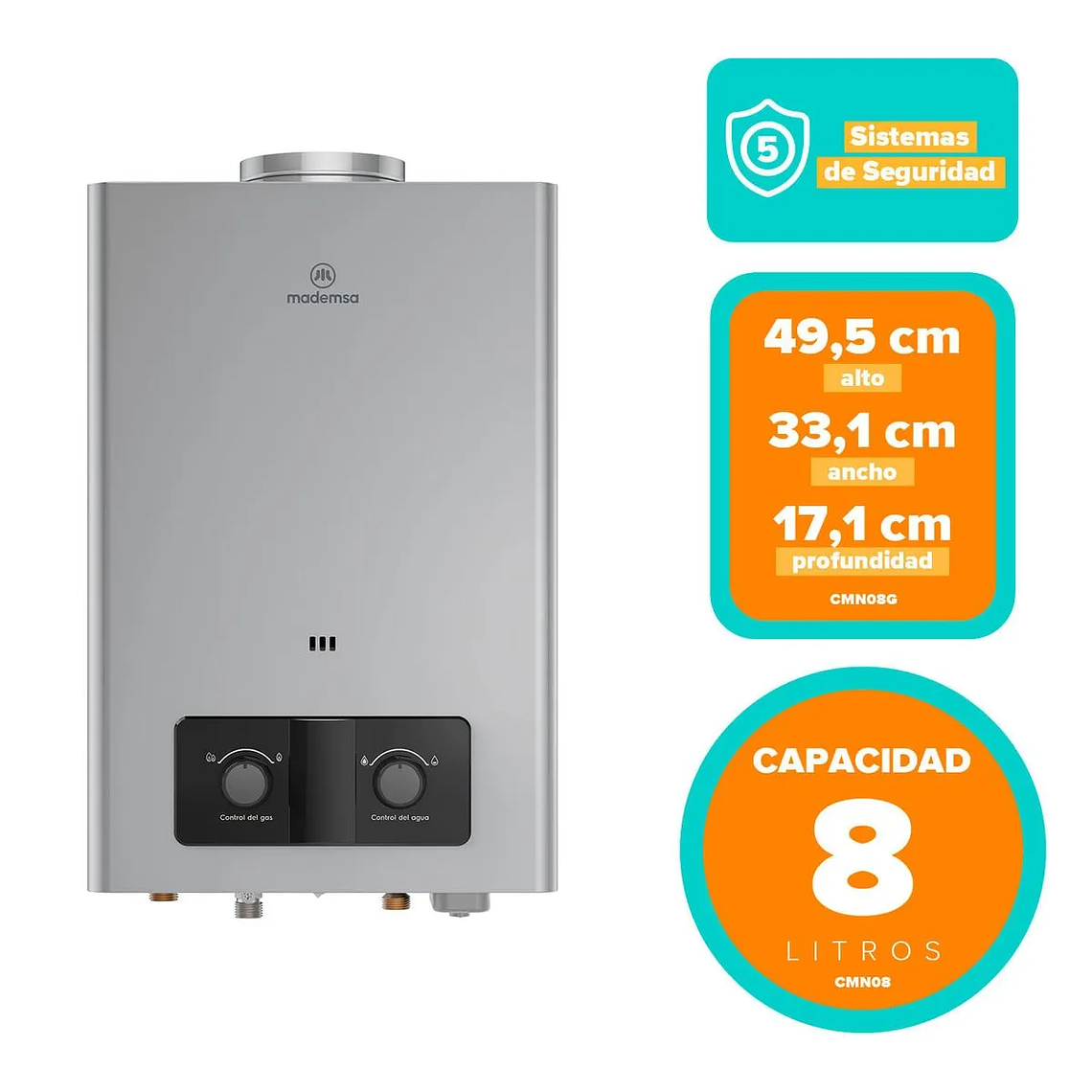 CALEFONT GAS LICUADO MADEMSA 8 LITROS TIRO NATURAL IONIZADO CMN08G GRIS 2