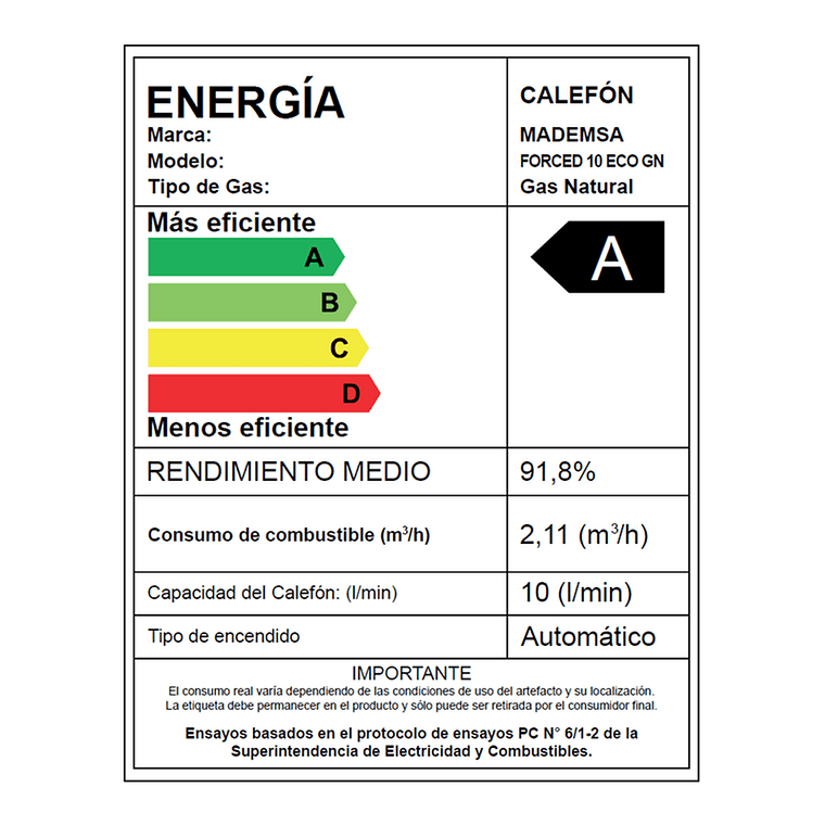 CALEFONT GAS NATURAL MADEMSA 10 LITROS TIRO FORZADO MODULANTE FORCED 10 ECO GN BLANCO 12