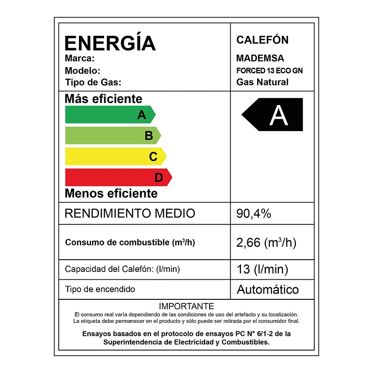 CALEFONT MADEMSA ELECTRICO IONIZADO 13 LITROS GAS NATURAL FORCED ECO GN 11