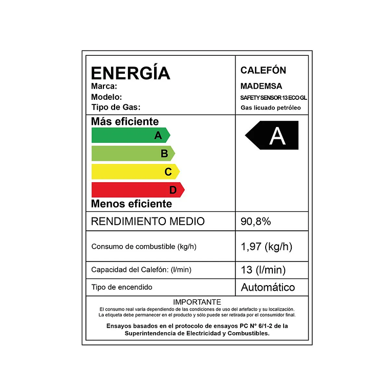 CALEFONT GAS LICUADO MADEMSA 13 LITROS TIRO FORZADO SENSOR MONÓXIDO DE CARBONO 13 ECO GL 12