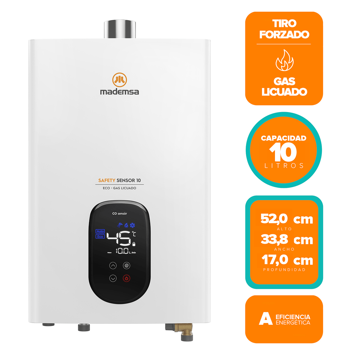 CALEFONT GAS LICUADO MADEMSA 10 LITROS TIRO FORZADO SENSOR MONÓXIDO DE CARBONO 10 ECO GL 2