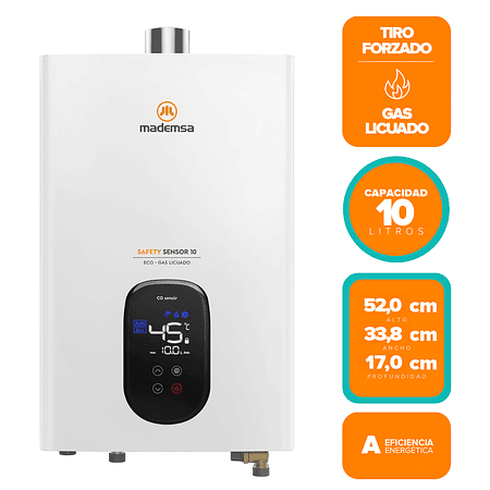 CALEFONT GAS LICUADO MADEMSA 10 LITROS TIRO FORZADO SENSOR MONÓXIDO DE CARBONO 10 ECO GL