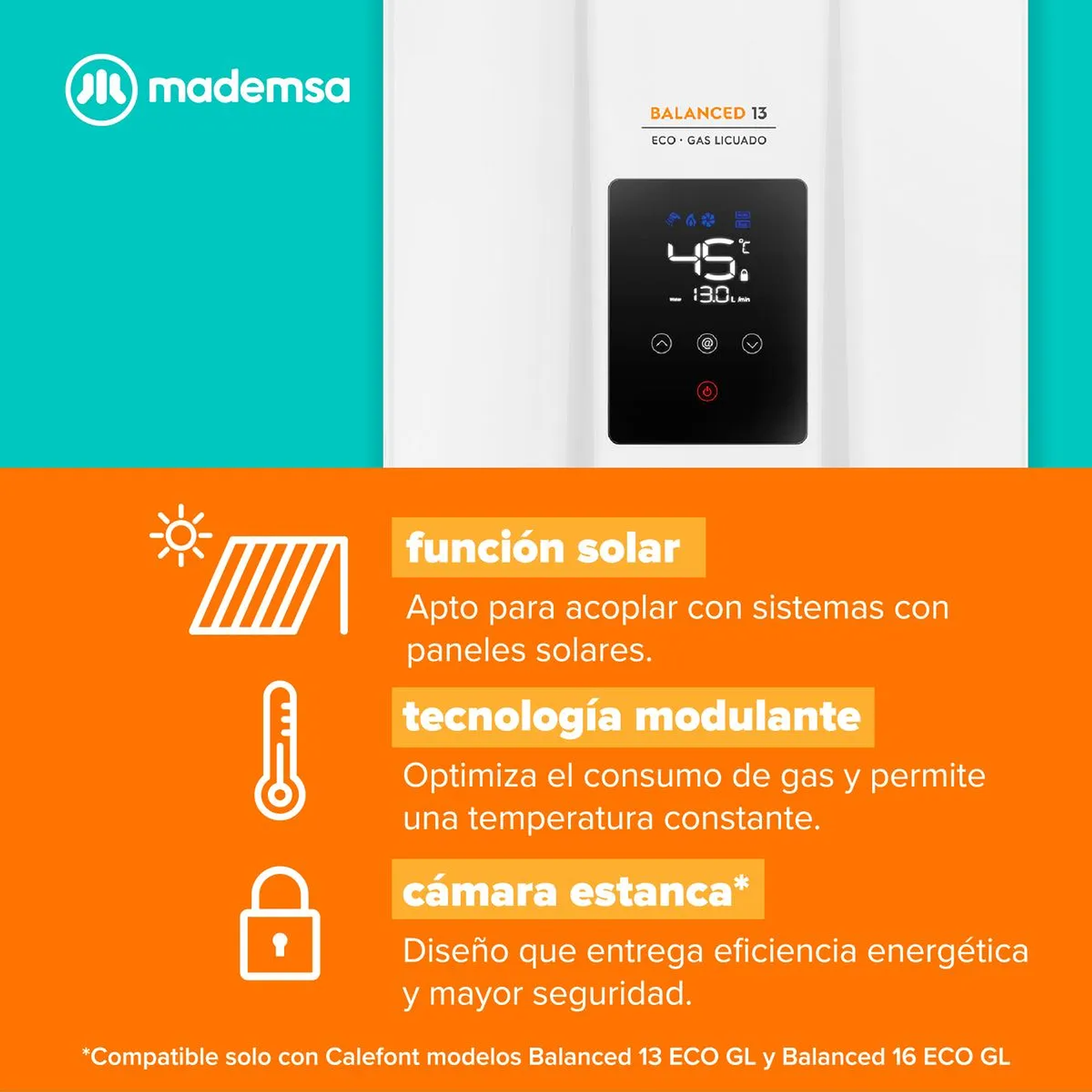 CALEFONT GAS LICUADO MADEMSA 13 LITROS TIRO BALANCEADO CÁMARA ESTANCA BALANCED 13 ECO GL