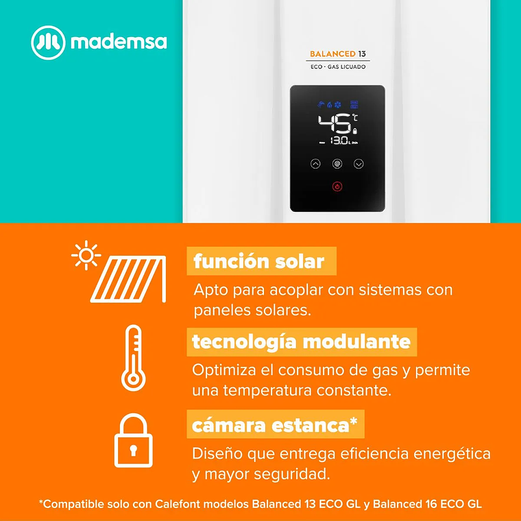CALEFONT GAS LICUADO MADEMSA 13 LITROS TIRO BALANCEADO CÁMARA ESTANCA BALANCED 13 ECO GL 10