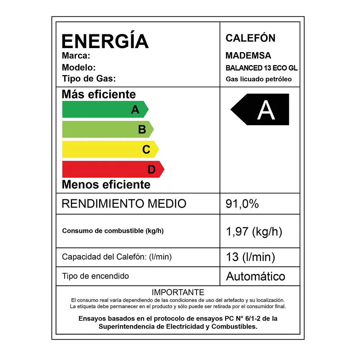 CALEFONT GAS LICUADO MADEMSA 13 LITROS TIRO BALANCEADO CÁMARA ESTANCA BALANCED 13 ECO GL 12