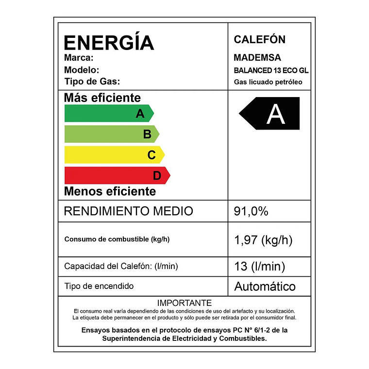 CALEFONT GAS LICUADO MADEMSA 13 LITROS TIRO BALANCEADO CÁMARA ESTANCA BALANCED 13 ECO GL 12
