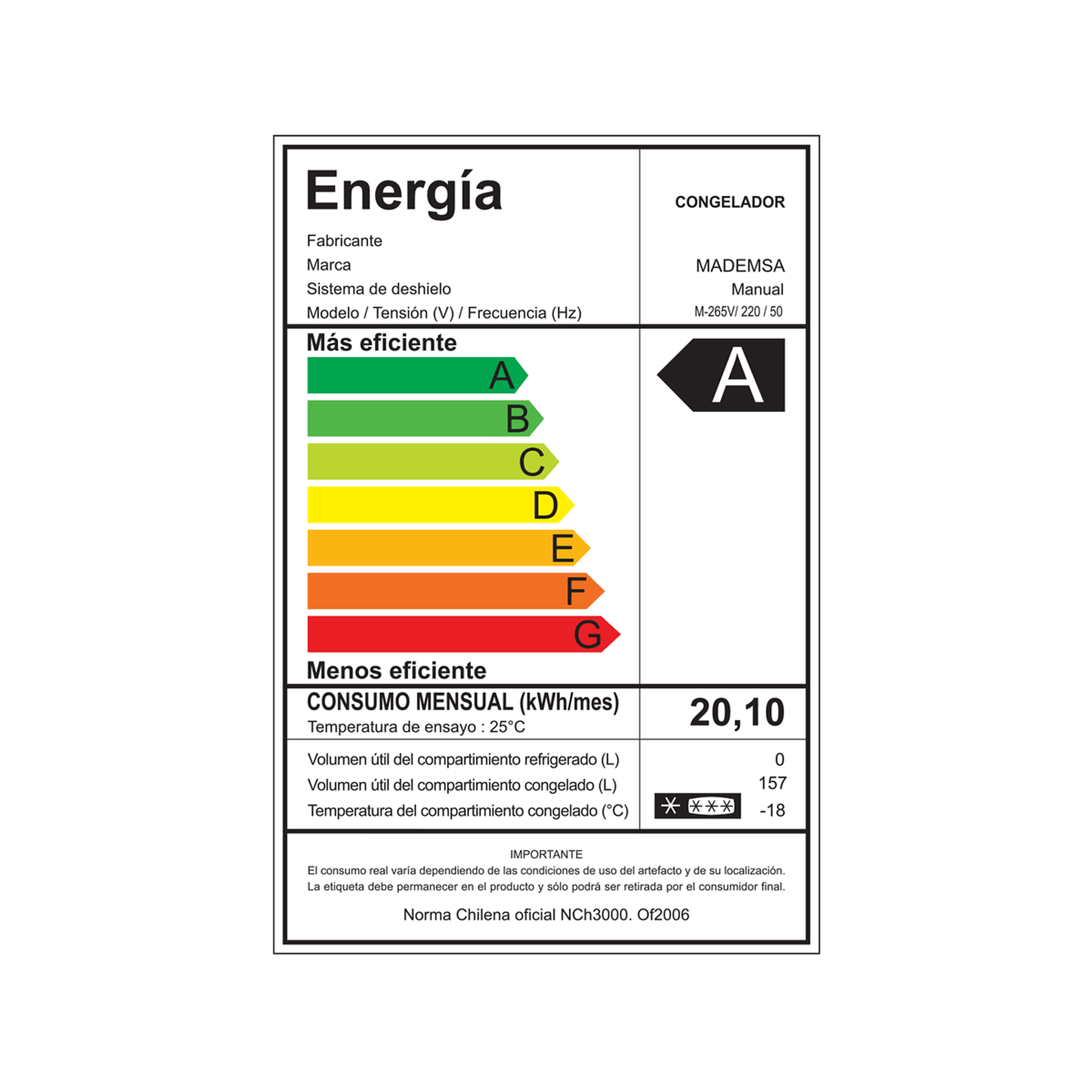 CONGELADOR FREEZER MADEMSA VERTICAL 157L FRÍO DIRECTO CON PUERTA REVERSIBLE M265V INOX