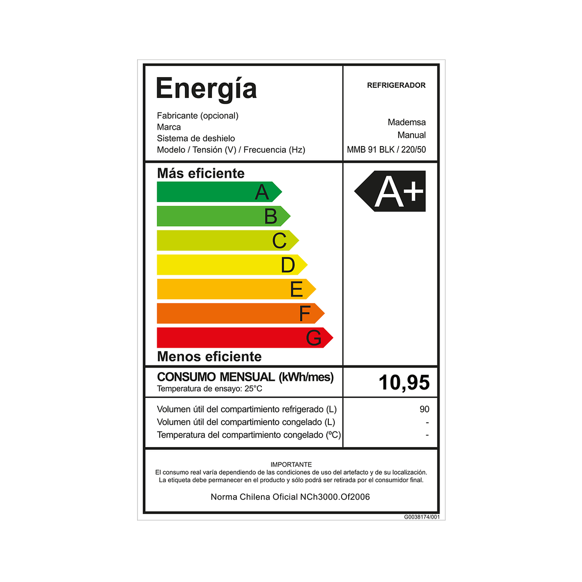 FRIGOBAR MADEMSA 90L FRÍO DIRECTO CON LLAVE Y LUZ INTERIOR LED MMB91 NEGRO 10
