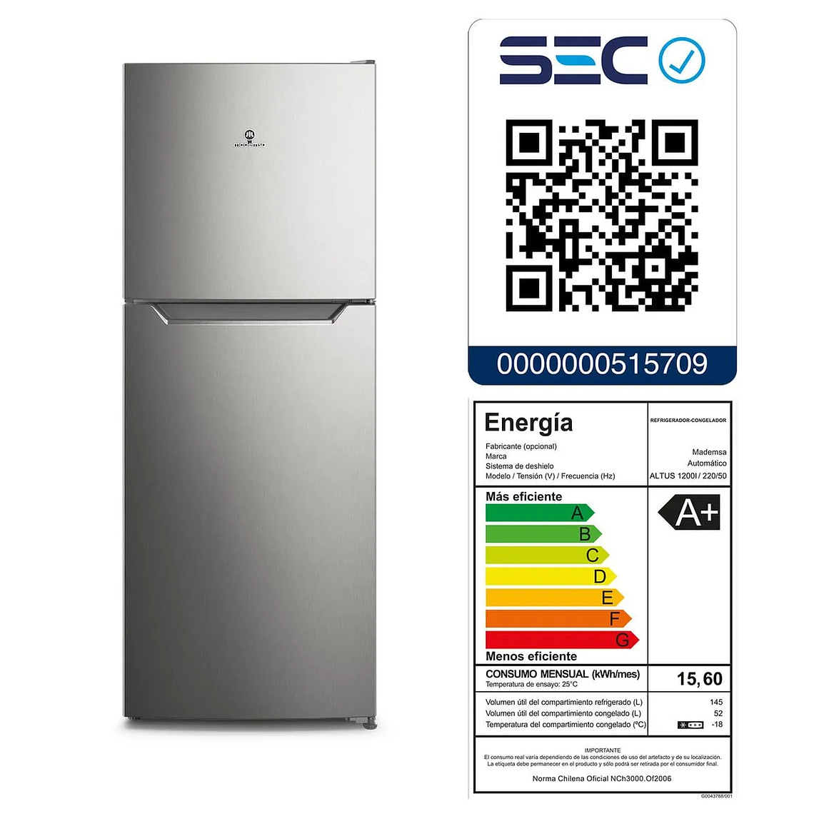 REFRIGERADOR MADEMSA 197L NO FROST TOP FREEZER INVERTER PUERTA REVERSIBLE ALTUS 1200I INOX 8