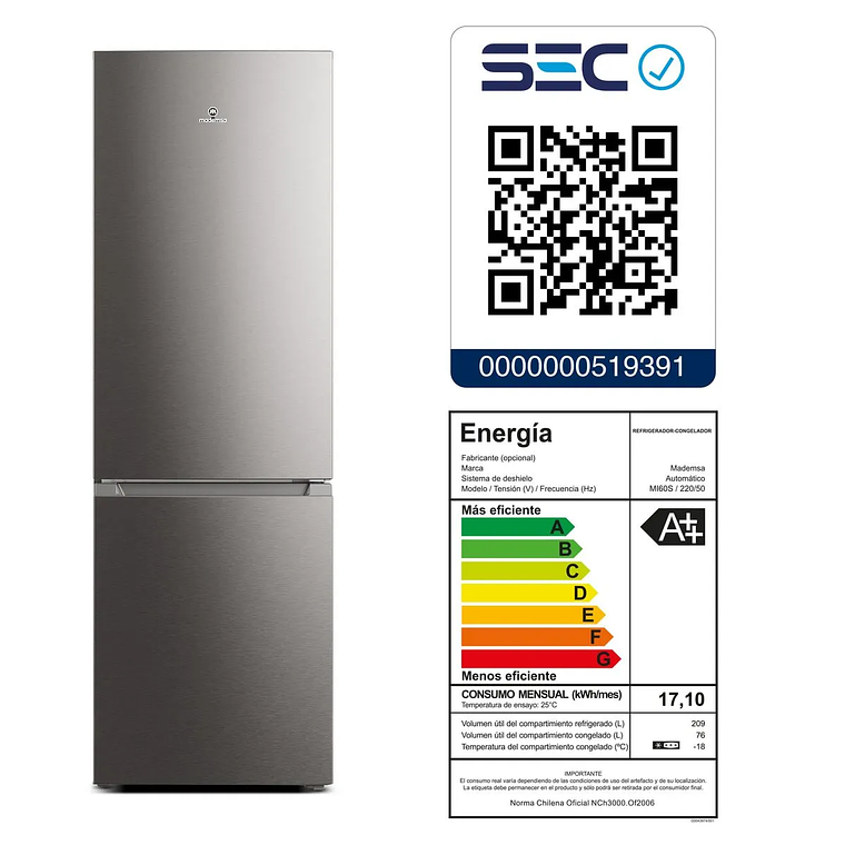 REFRIGERADOR MADEMSA 285L NO FROST BOTTOM FREEZER INVERTER EFFICIENT MI60S INOX 10