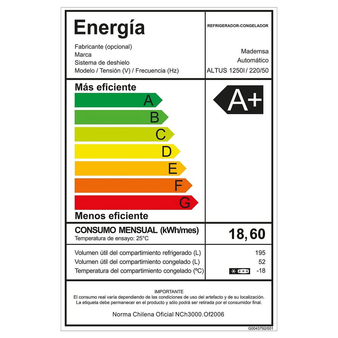 REFRIGERADOR MADEMSA 247L NO FROST TOP FREEZER INVERTER PUERTA REVERSIBLE ALTUS 1250B NEGRO 10