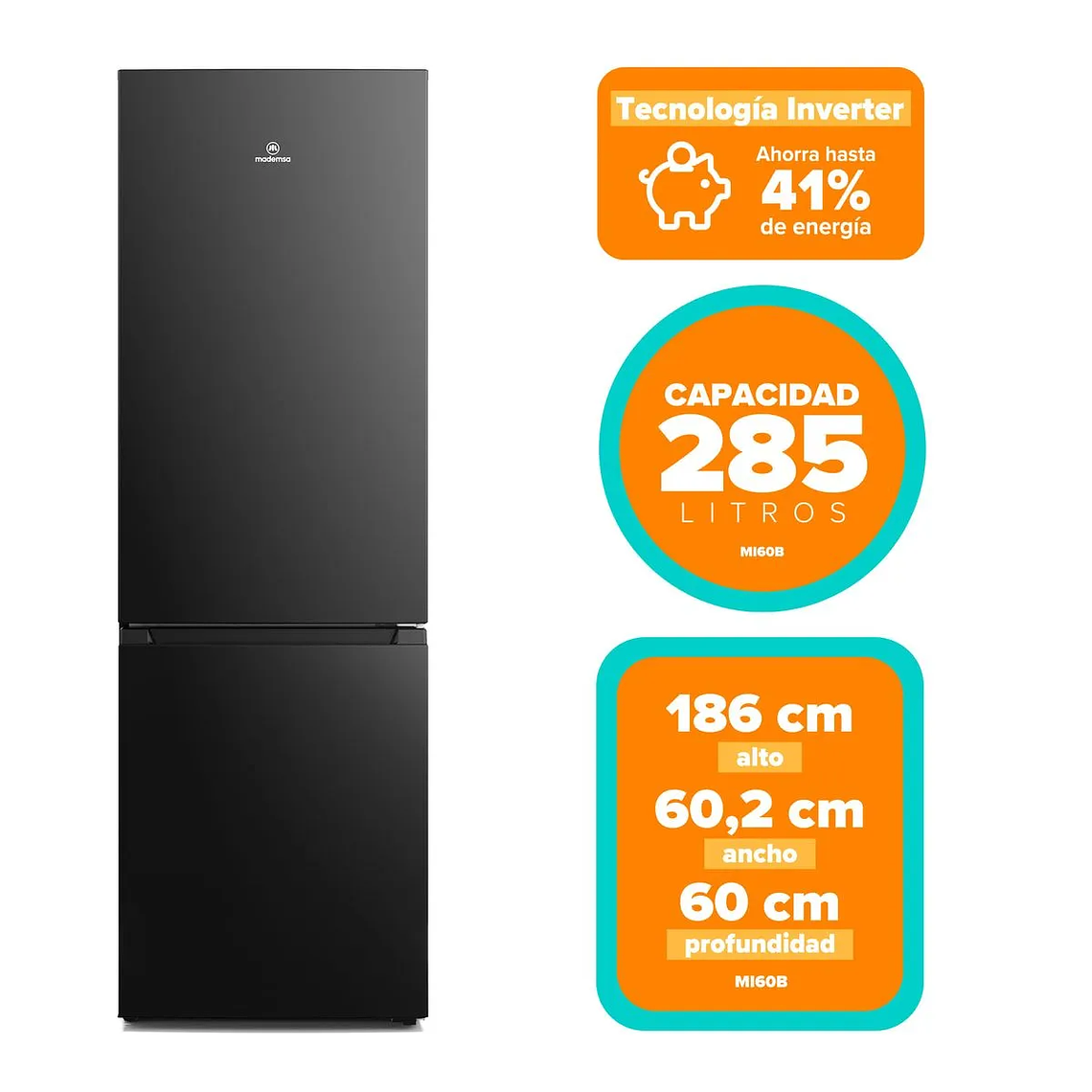 REFRIGERADOR MADEMSA 285L NO FROST BOTTOM FREEZER INVERTER EFFICIENT MI60B NEGRO 2