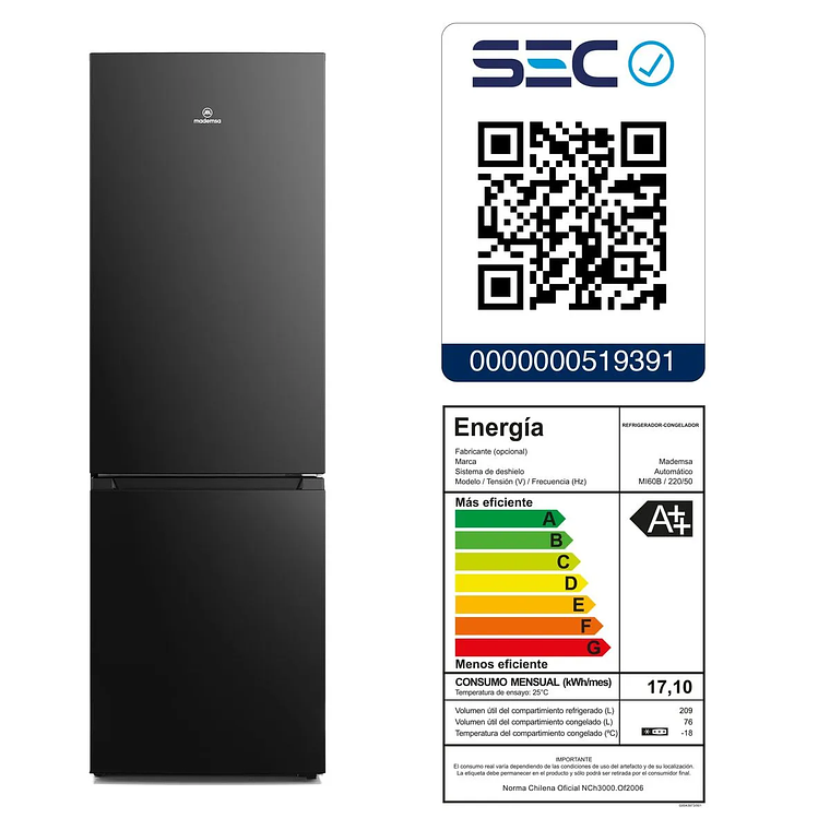 REFRIGERADOR MADEMSA 285L NO FROST BOTTOM FREEZER INVERTER EFFICIENT MI60B NEGRO 10